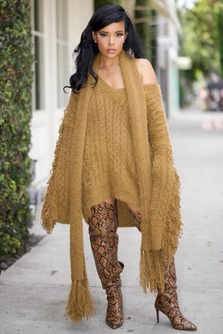 Chunky Knit Sweater Dress with Fringe